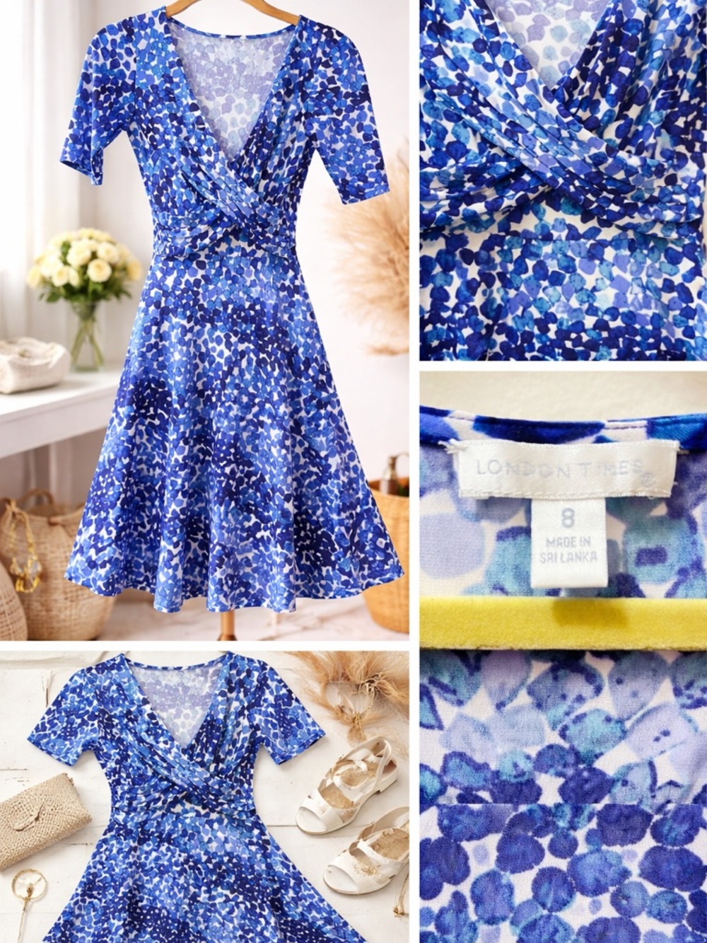 London Times Blue & White Floral Faux-Wrap Fit-and-Flare Dress